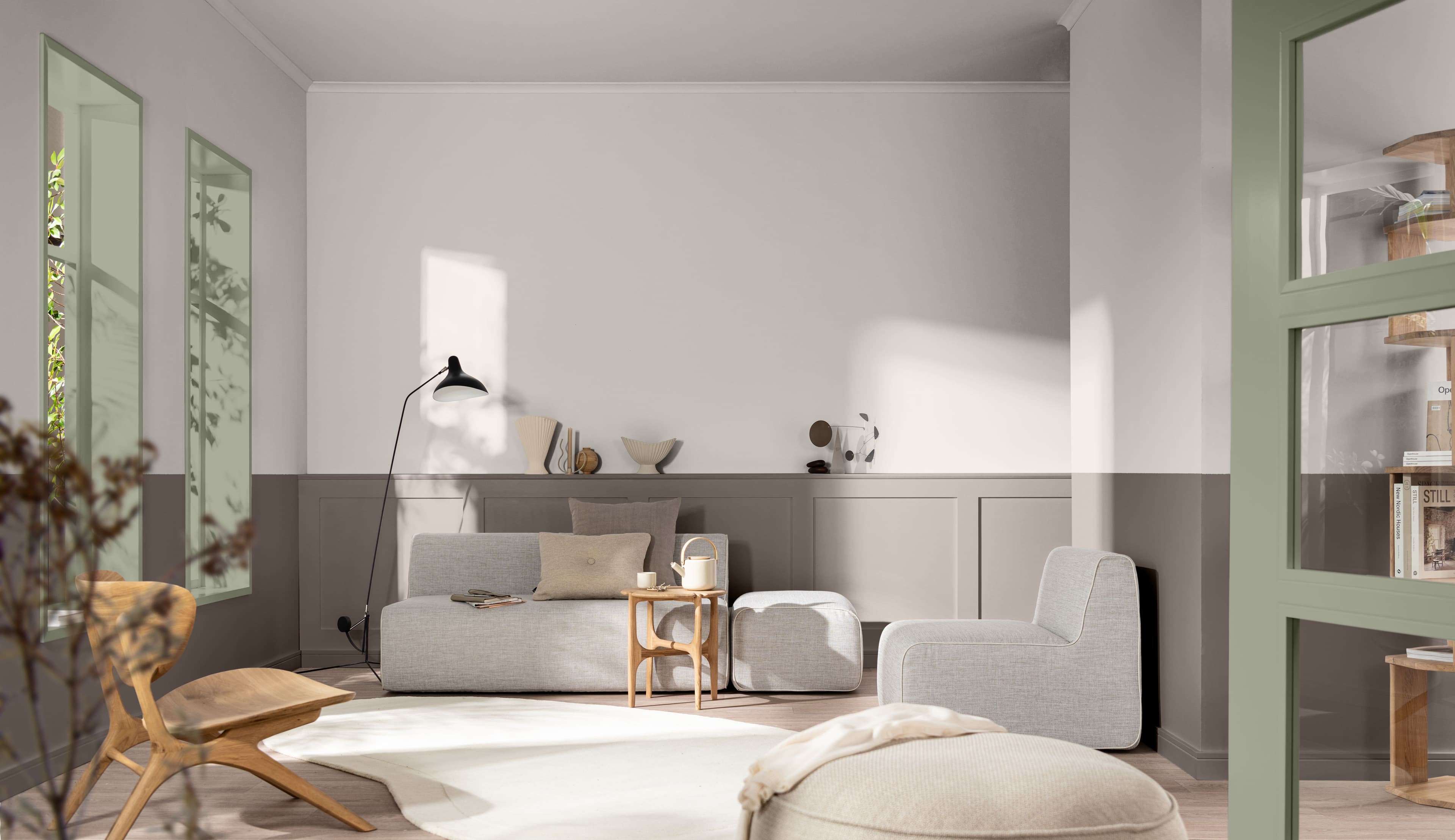 Living room with light brown walls, grey-brown panelled cabinet and a colour palette on the right-hand side