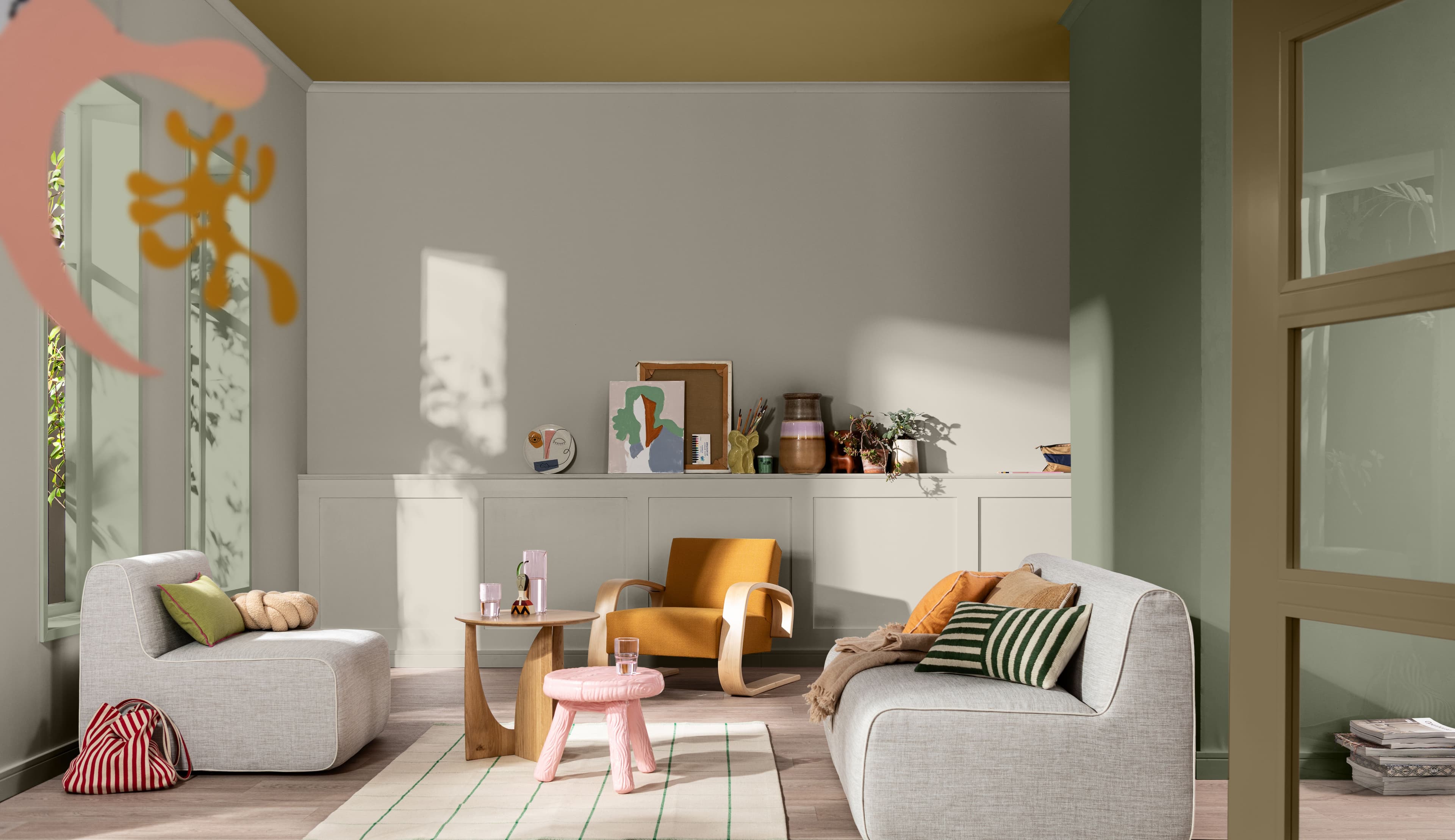Living room with play clay, green walls, a khaki green ceiling and a colour palette on the right-hand side